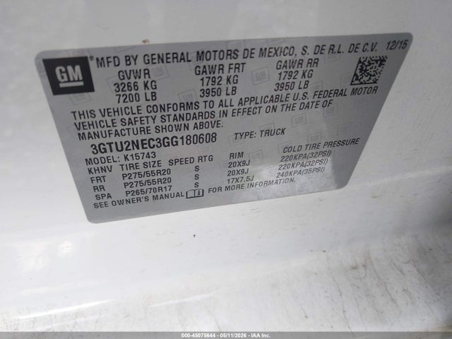 45075644 :رقم المزاد ، 3GTU2NEC3GG180608 vin ، 2016 Gmc Sierra 1500 Slt مزاد بيع