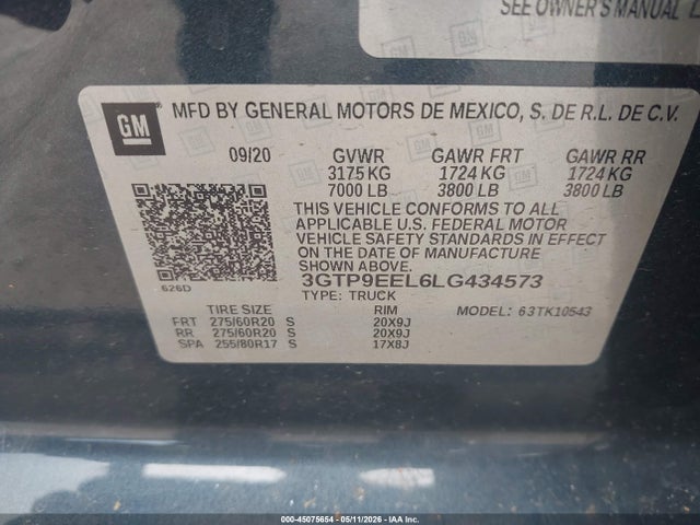 45075654 :رقم المزاد ، 3GTP9EEL6LG434573 vin ، 2020 Gmc Sierra 1500 مزاد بيع