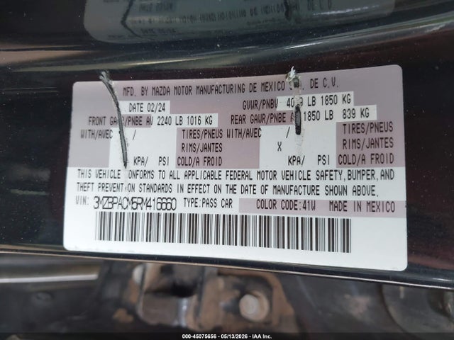 45075656 :رقم المزاد ، 3MZBPACM5RM416660 vin ، 2024 Mazda Mazda3 2.5 S Preferred مزاد بيع