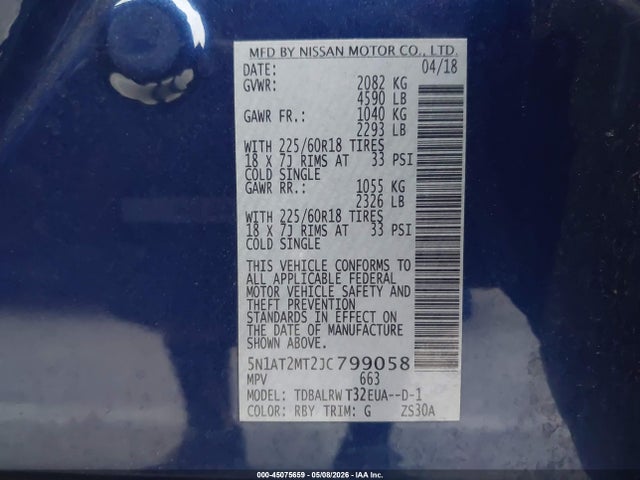 Продажа на аукционе авто 2018 Nissan Rogue Sl, vin: 5N1AT2MT2JC799058, номер лота: 45075659