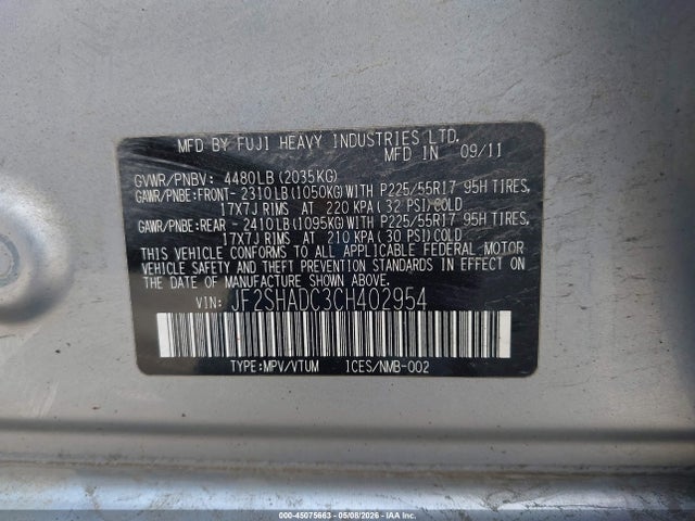 45075663 :رقم المزاد ، JF2SHADC3CH402954 vin ، 2012 Subaru Forester 2.5x Premium مزاد بيع