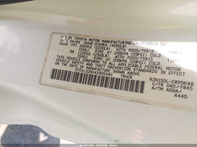 45075668 :رقم المزاد ، 5TEVL52N14Z405440 vin ، 2004 Toyota Tacoma مزاد بيع