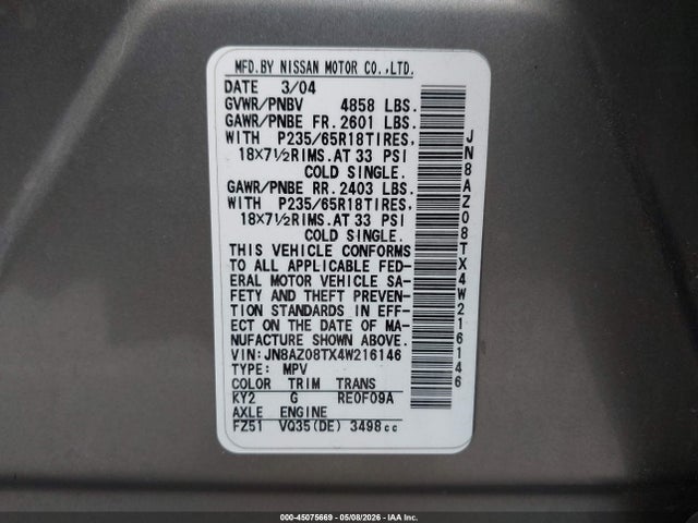 Продаж на аукціоні авто 2004 Nissan Murano Sl, vin: JN8AZ08TX4W216146, номер лоту: 45075669