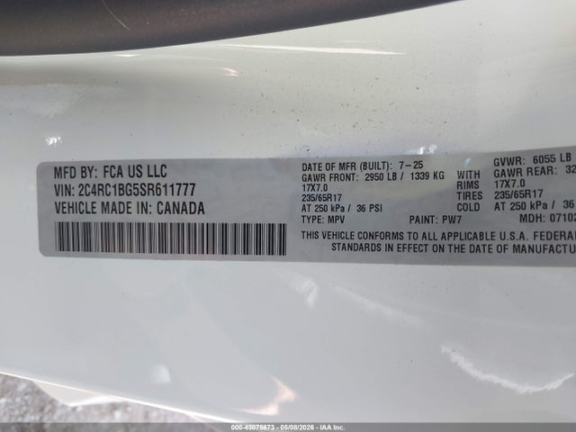 Продажа на аукционе авто 2025 Chrysler Pacifica Select, vin: 2C4RC1BG5SR611777, номер лота: 45075673
