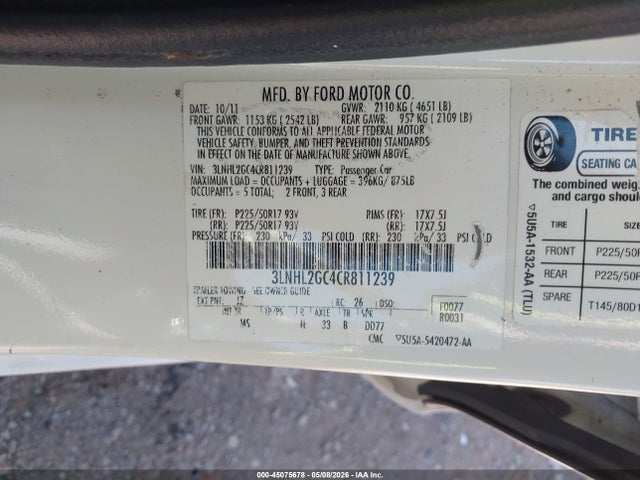45075678 :رقم المزاد ، 3LNHL2GC4CR811239 vin ، 2012 Lincoln Mkz مزاد بيع