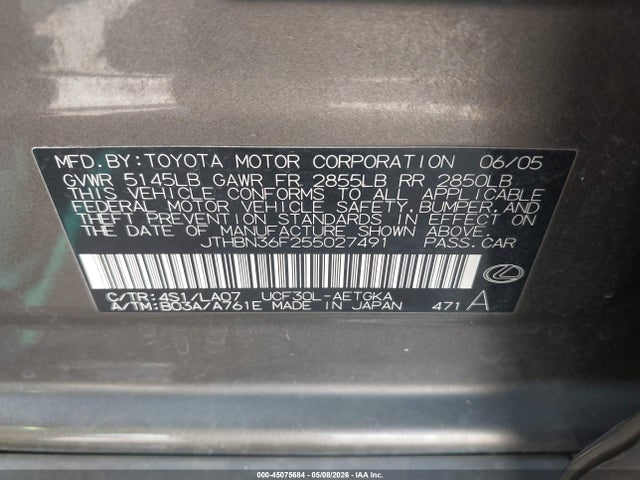 Aukcja sprzedaży 2005 Lexus Ls 430, vin: JTHBN36F255027491, numer aukcji: 45075684