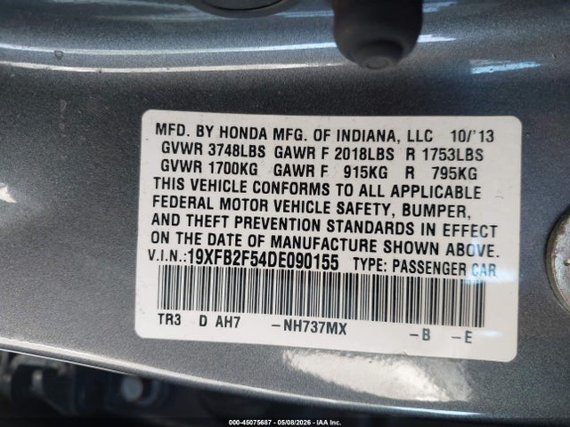 Aukcja sprzedaży 2013 Honda Civic Lx, vin: 19XFB2F54DE090155, numer aukcji: 45075687