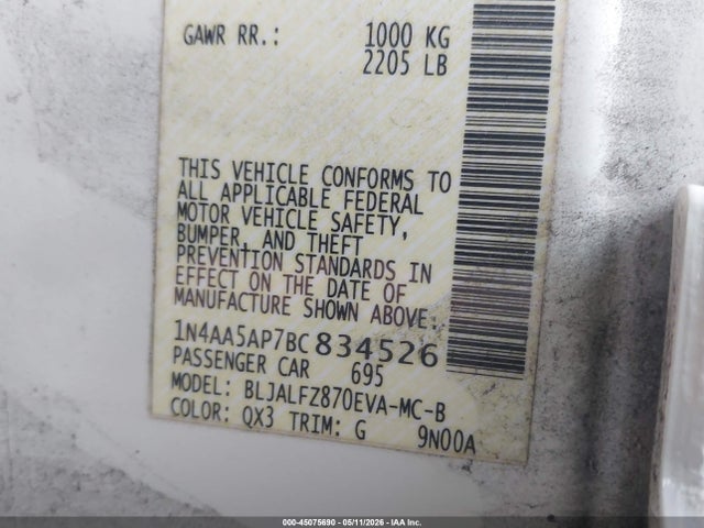 2011 Nissan Maxima 3.5 Sv მანქანა იყიდება აუქციონზე, vin: 1N4AA5AP7BC834526, აუქციონის ნომერი: 45075690