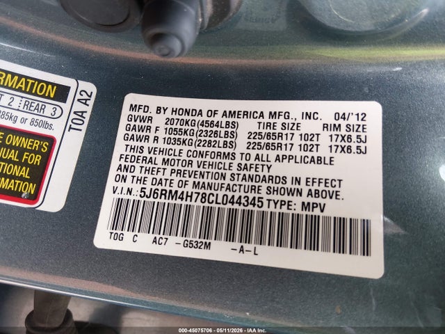 2012 Honda Cr-v Ex-l მანქანა იყიდება აუქციონზე, vin: 5J6RM4H78CL044345, აუქციონის ნომერი: 45075706
