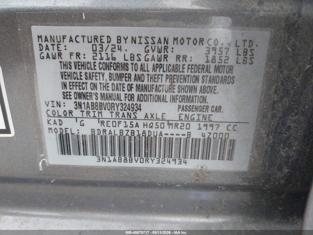 45075717 :رقم المزاد ، 3N1AB8BV0RY324934 vin ، 2024 Nissan Sentra S Xtronic Cvt مزاد بيع