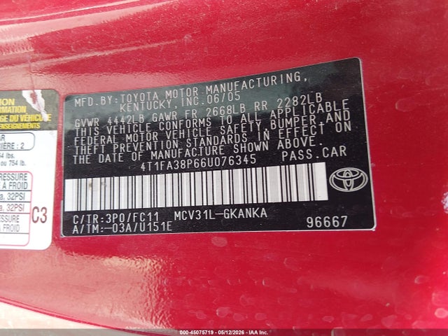 45075719 :رقم المزاد ، 4T1FA38P66U076345 vin ، 2006 Toyota Camry Solara Se مزاد بيع