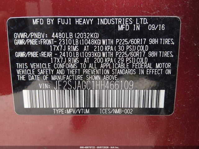 2017 Subaru Forester 2.5i Premium მანქანა იყიდება აუქციონზე, vin: JF2SJAGC1HH466109, აუქციონის ნომერი: 45075722