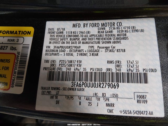 3FA6P0UU0JR279069 Ford Fusion Hybrid S
