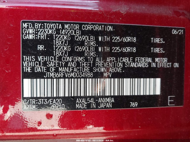 Aukcja sprzedaży 2021 Toyota Rav4 Hybrid Xle Premium, vin: JTMB6RFV6MD034988, numer aukcji: 45075753