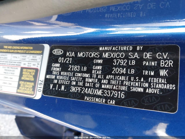 45075756 :رقم المزاد ، 3KPF24ADXME337916 vin ، 2021 Kia Forte Lxs مزاد بيع