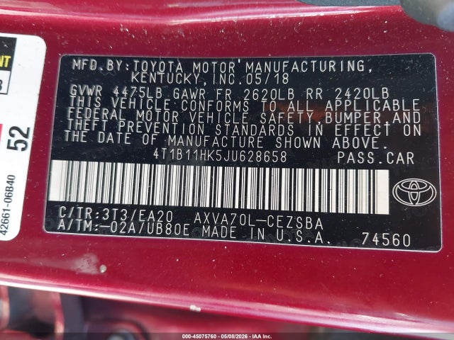 4T1B11HK5JU628658 Toyota CAMRY SE