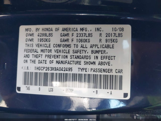 Aukcja sprzedaży 2009 Honda Accord 2.4 Lx, vin: 1HGCP263X9A042495, numer aukcji: 45075777