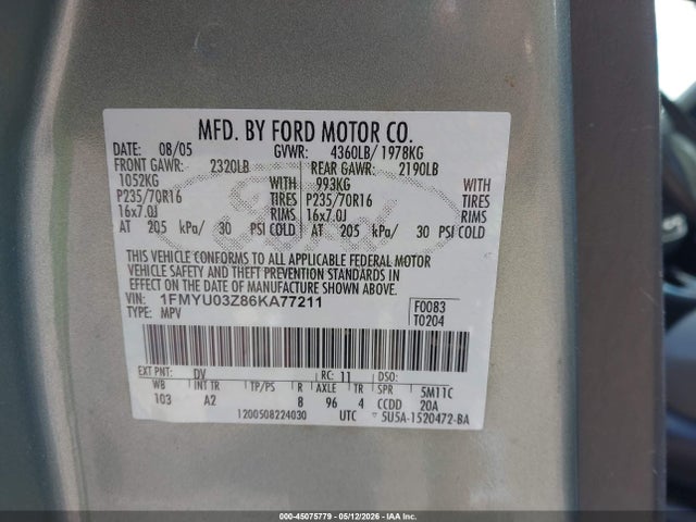 Продаж на аукціоні авто 2006 Ford Escape Xlt, vin: 1FMYU03Z86KA77211, номер лоту: 45075779