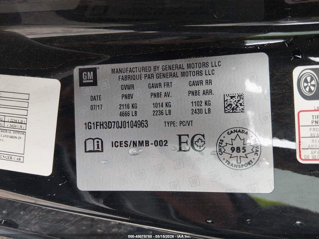 2018 Chevrolet Camaro 2ss მანქანა იყიდება აუქციონზე, vin: 1G1FH3D70J0104963, აუქციონის ნომერი: 45075788