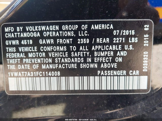 Продажа на аукционе авто 2015 Volkswagen Passat 1.8t Limited Edition, vin: 1VWAT7A31FC114008, номер лота: 45075794