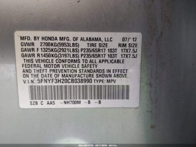 Продаж на аукціоні авто 2012 Honda Pilot Lx, vin: 5FNYF3H20CB038990, номер лоту: 45075795