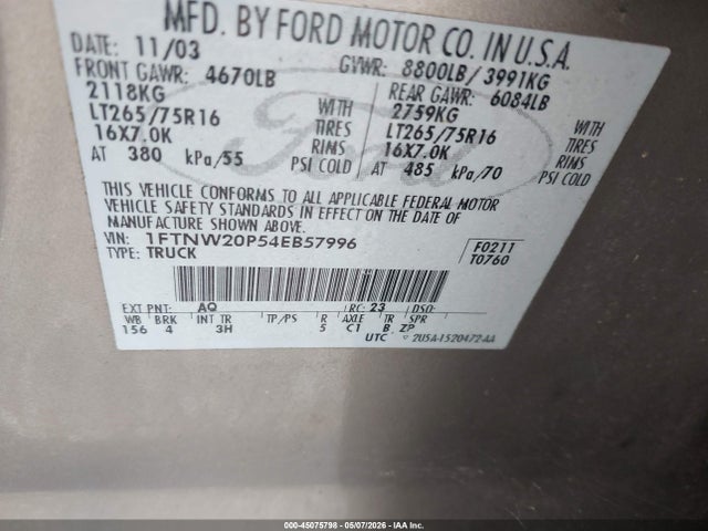 45075798 :رقم المزاد ، 1FTNW20P54EB57996 vin ، 2004 Ford F-250 Lariat/xl/xlt مزاد بيع