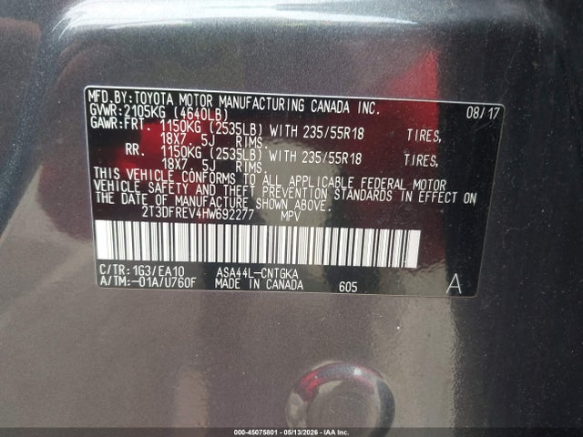 Aukcja sprzedaży 2017 Toyota Rav4 Limited, vin: 2T3DFREV4HW692277, numer aukcji: 45075801