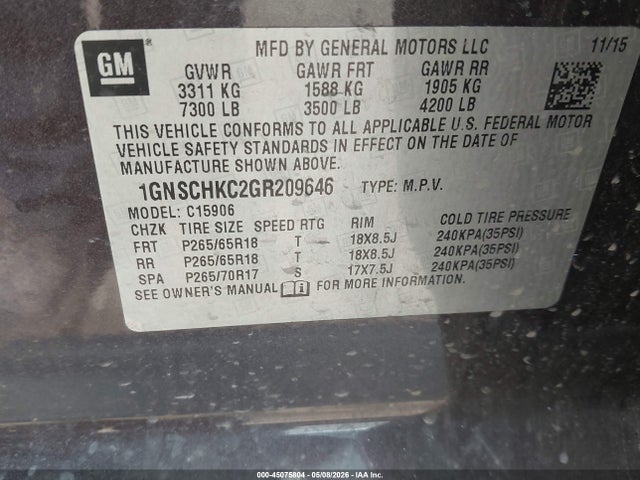 Chevrolet Suburban Lt 2016 1GNSCHKC2GR209646 Image 9