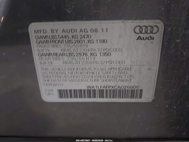 45075807 :رقم المزاد ، WA1LFAFPXCA026605 vin ، 2012 Audi Q5 2.0t Premium مزاد بيع
