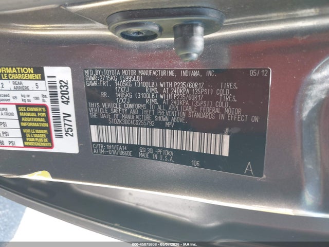 Продаж на аукціоні авто 2012 Toyota Sienna Base V6 7 Passenger, vin: 5TDZK3DC4CS255792, номер лоту: 45075808