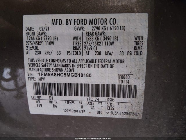 1FM5K8HC5MGB18180 Ford Explorer Platinum