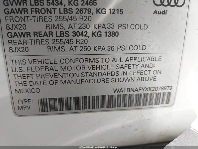 Aukcja sprzedaży 2019 Audi Q5 45 Premium, vin: WA1BNAFYXK2078879, numer aukcji: 45075821