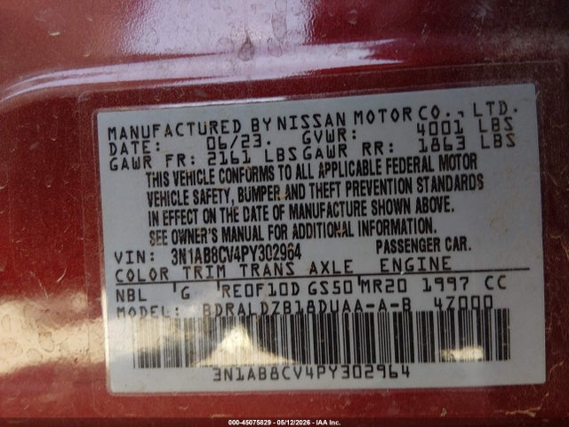 45075829 :رقم المزاد ، 3N1AB8CV4PY302964 vin ، 2023 Nissan Sentra Sv Xtronic Cvt مزاد بيع