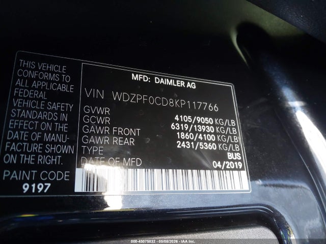 WDZPF0CD8KP117766 Mercedes-Benz Sprinter 2500 High Roof V6