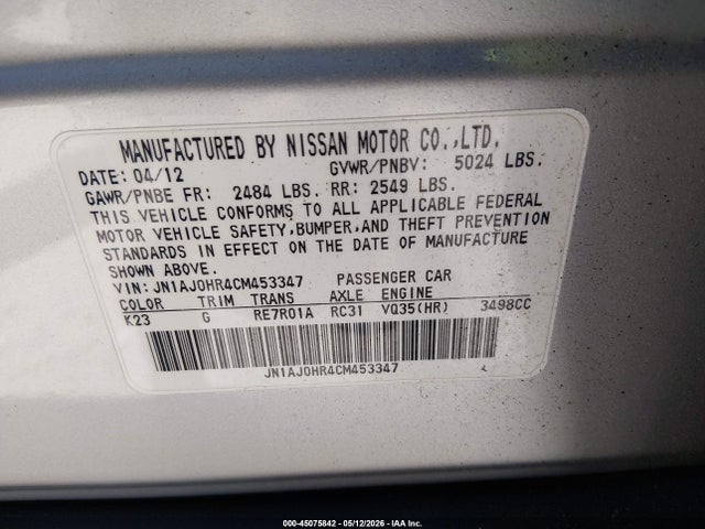 Продажа на аукционе авто 2012 Infiniti Ex35 Journey, vin: JN1AJ0HR4CM453347, номер лота: 45075842