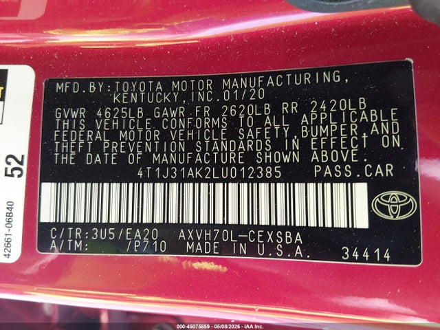 2020 Toyota Camry Se Hybrid მანქანა იყიდება აუქციონზე, vin: 4T1J31AK2LU012385, აუქციონის ნომერი: 45075859