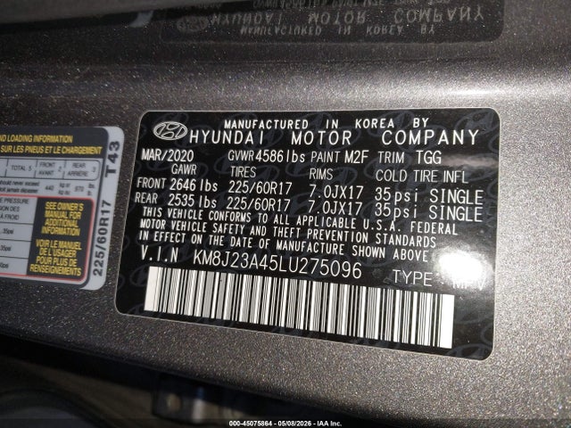 Aukcja sprzedaży 2020 Hyundai Tucson Se, vin: KM8J23A45LU275096, numer aukcji: 45075864