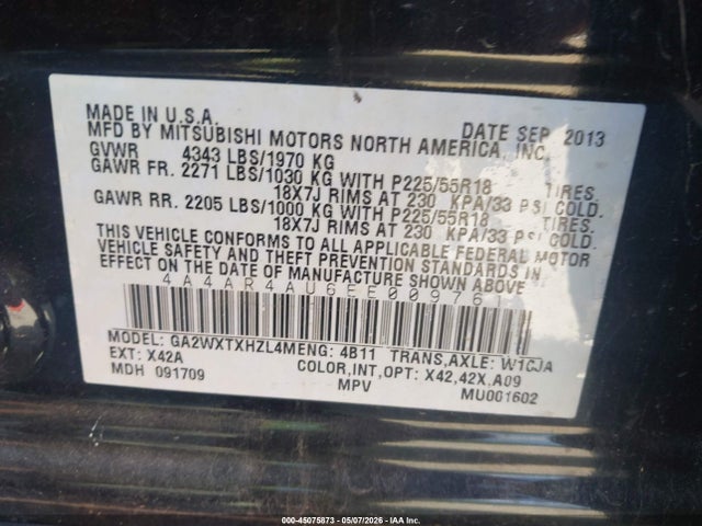 45075873 :رقم المزاد ، 4A4AR4AU6EE009761 vin ، 2014 Mitsubishi Outlander Sport Se مزاد بيع