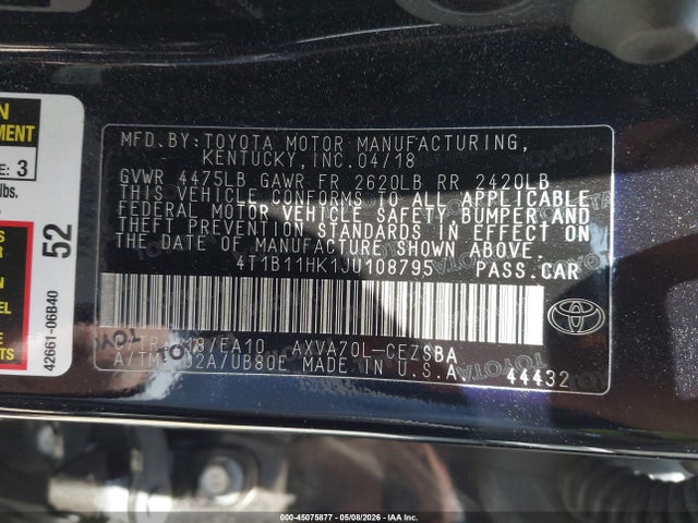 4T1B11HK1JU108795 Toyota CAMRY SE