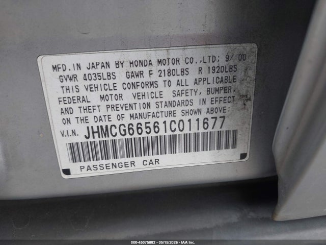 2001 Honda Accord 2.3 Lx მანქანა იყიდება აუქციონზე, vin: JHMCG66561C011677, აუქციონის ნომერი: 45075882