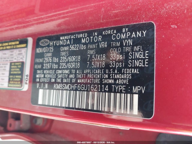 2016 Hyundai Santa Fe Se მანქანა იყიდება აუქციონზე, vin: KM8SMDHF6GU162114, აუქციონის ნომერი: 45075887