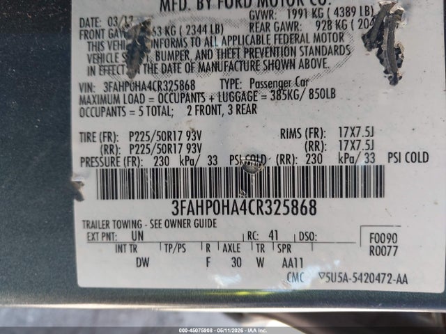 2012 Ford Fusion Se მანქანა იყიდება აუქციონზე, vin: 3FAHP0HA4CR325868, აუქციონის ნომერი: 45075908