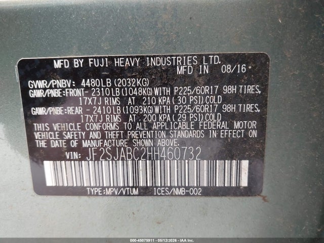 Продаж на аукціоні авто 2017 Subaru Forester 2.5i, vin: JF2SJABC2HH460732, номер лоту: 45075911