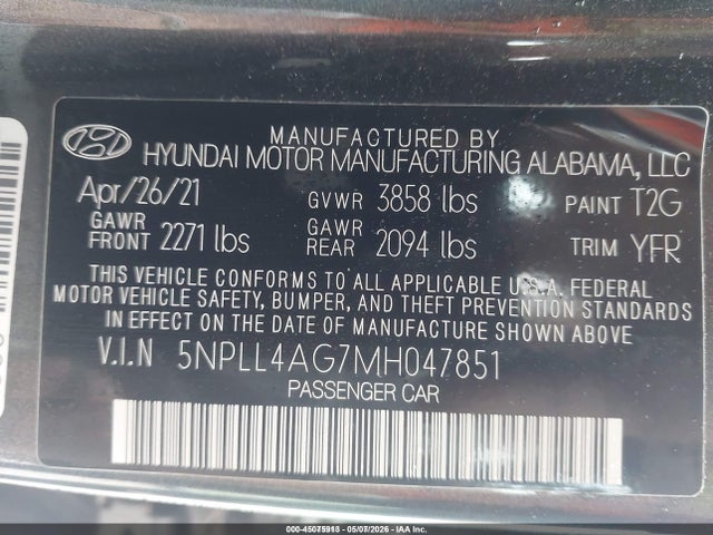5NPLL4AG7MH047851 Hyundai ELANTRA SE