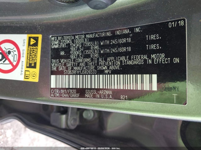 Продажа на аукционе авто 2018 Toyota Highlander Le, vin: 5TDBZRFH1JS826533, номер лота: 45075915