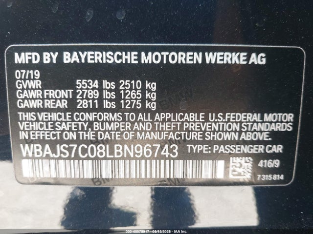 Aukcja sprzedaży 2020 Bmw M550i Xdrive, vin: WBAJS7C08LBN96743, numer aukcji: 45075917