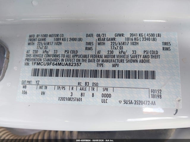 1FMCU9F64MUA82357 Ford ESCAPE S