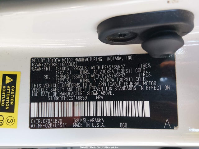 Aukcja sprzedaży 2012 Toyota Highlander Se V6, vin: 5TDBK3EH8CS146859, numer aukcji: 45075940