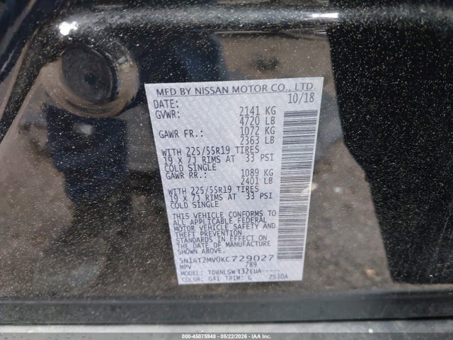 2019 Nissan Rogue Sl მანქანა იყიდება აუქციონზე, vin: 5N1AT2MV0KC729027, აუქციონის ნომერი: 45075948