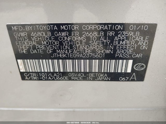 Aukcja sprzedaży 2010 Lexus Es 350, vin: JTHBK1EG9A2375601, numer aukcji: 45075949